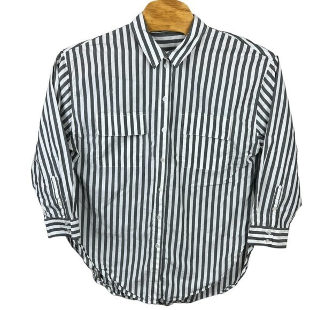 Sanctuary Womens Gray White Strip Long Sleeve Flap Pocket Button Front Shirt XXL